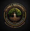 Humble Beginnings landscaping logo with tree, cross, roots, and slogan on a black background