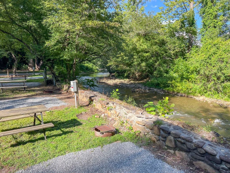 Campsite with picnic table, fire pit, and creek. Trees and greenery surround the area.
