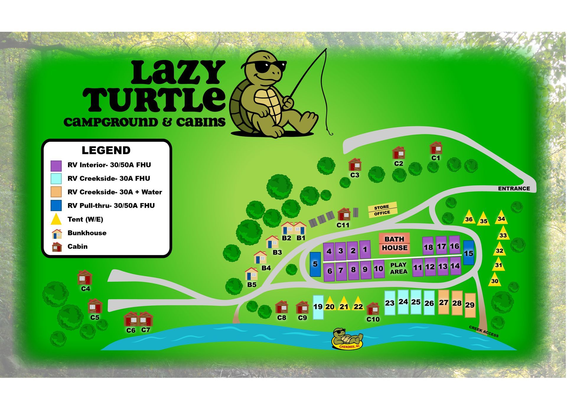 Map of Lazy Turtle Campground & Cabins, with campsites, cabins, and a river.