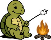 Turtle roasting a marshmallow over a campfire.