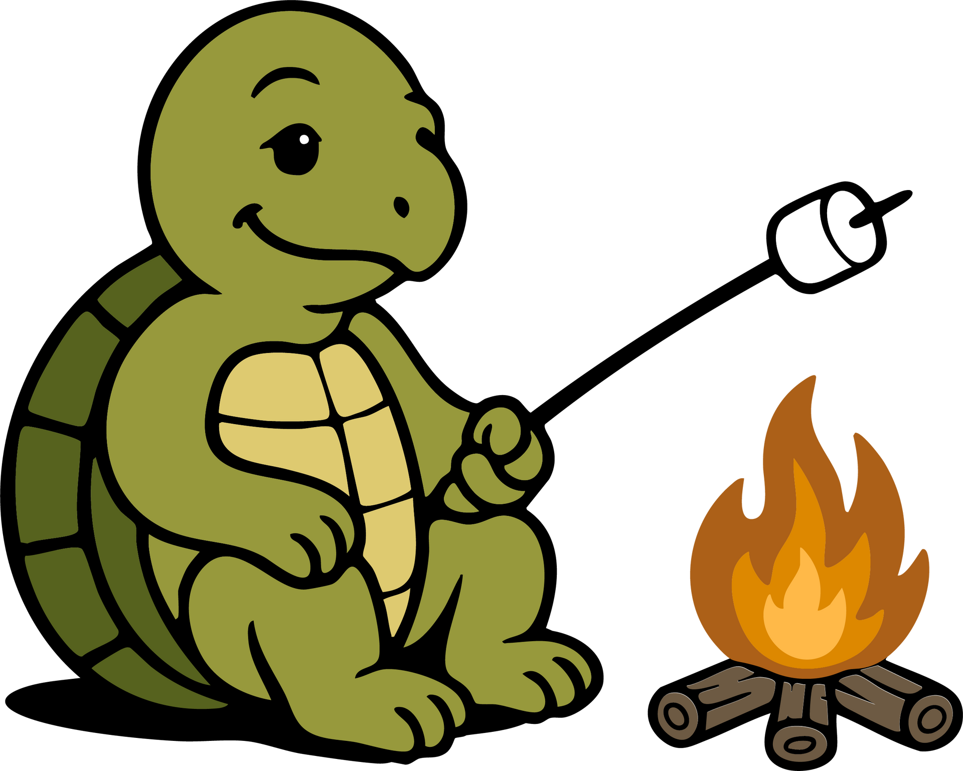 Turtle roasting a marshmallow over a campfire.