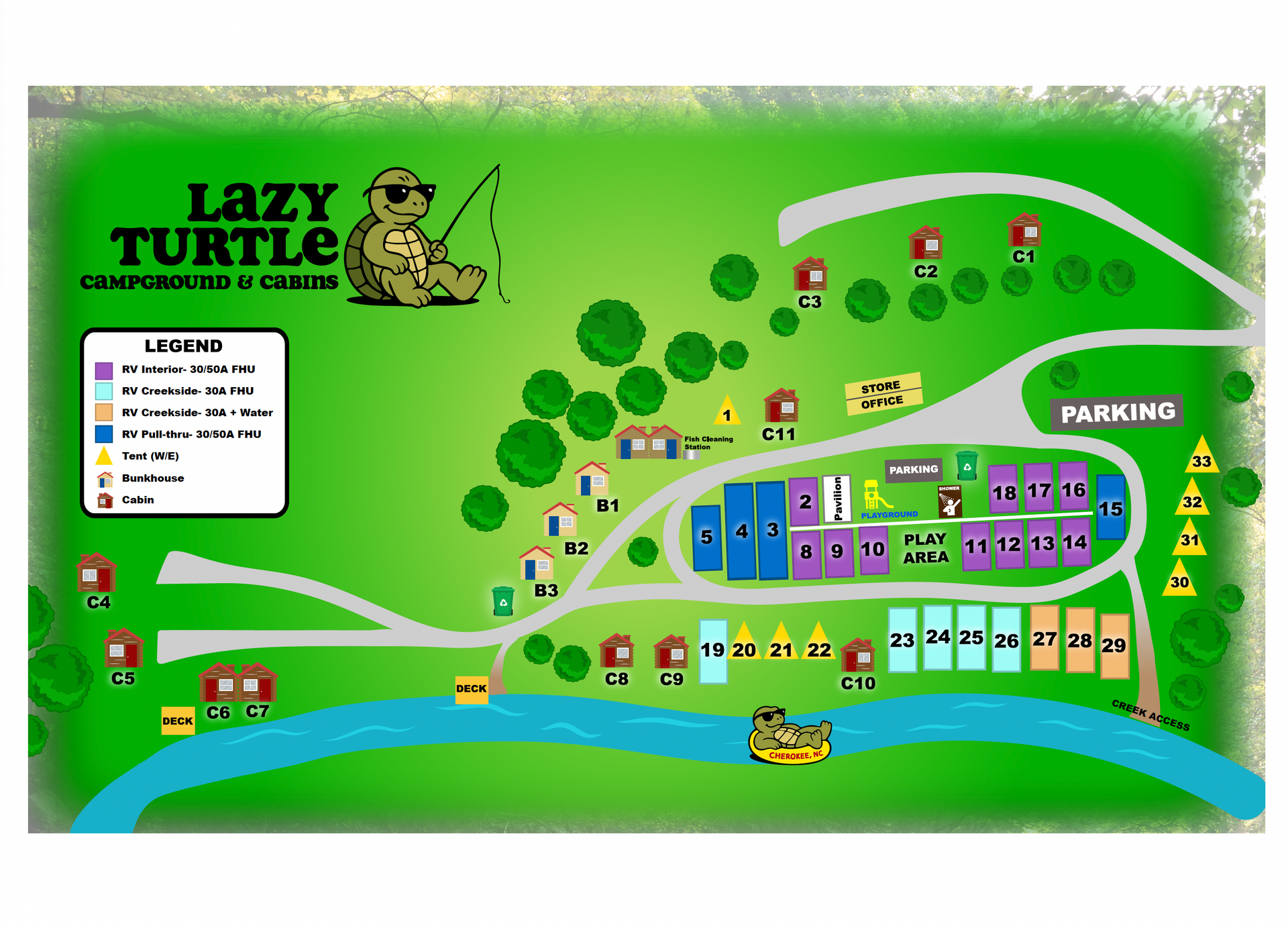 Map of Lazy Turtle Campground & Cabins, with campsites, cabins, and a river.