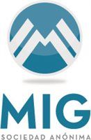 Logotipo de MIG Sociedad Anónima: M azul y blanca en forma de montaña dentro de un círculo azul, con 