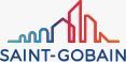 Logotipo de Saint-Gobain con un paisaje urbano estilizado en azul y rojo.