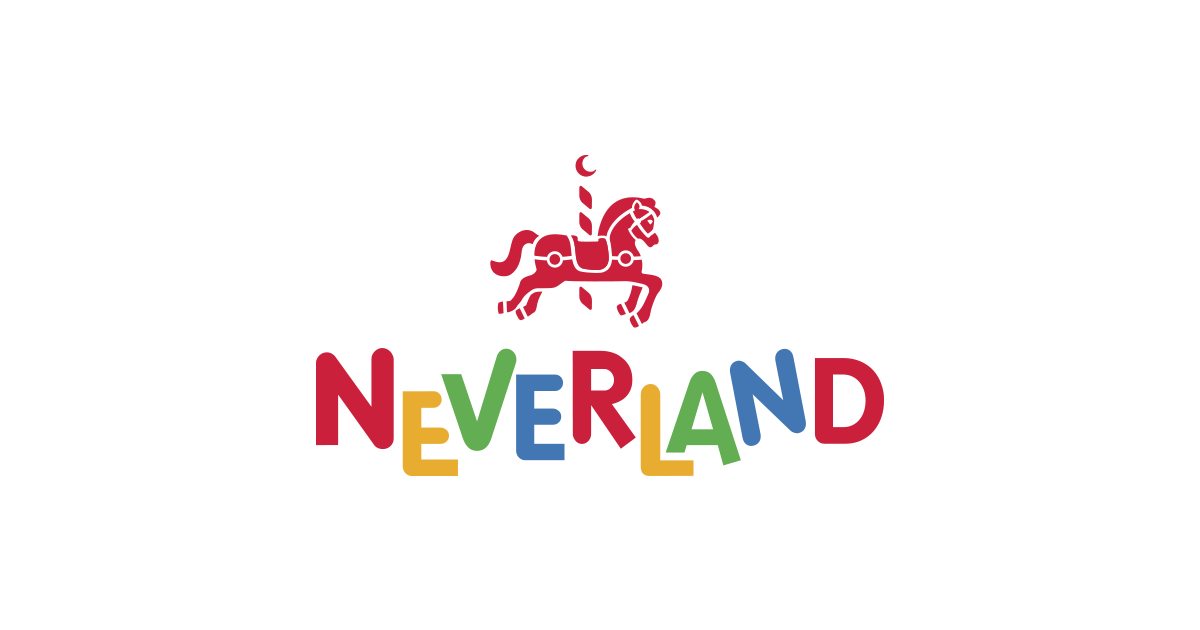 Logotipo de Neverland con un caballo de carrusel rojo sobre un texto colorido.