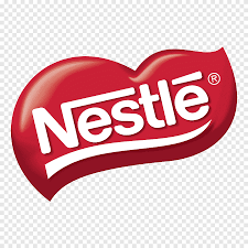 Logotipo de Nestlé sobre un fondo rojo en forma de corazón, texto blanco.