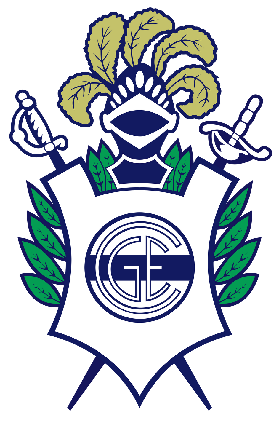 Emblema de escudo con casco de caballero, espadas cruzadas y ramas de laurel; 