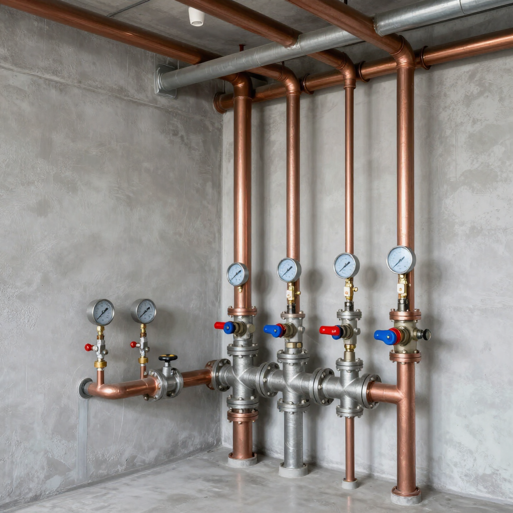 Plumbing manifold with copper pipes and pressure gauges against a concrete wall Plumbing manifold with copper pipes and pressure gauges against a concrete wall
