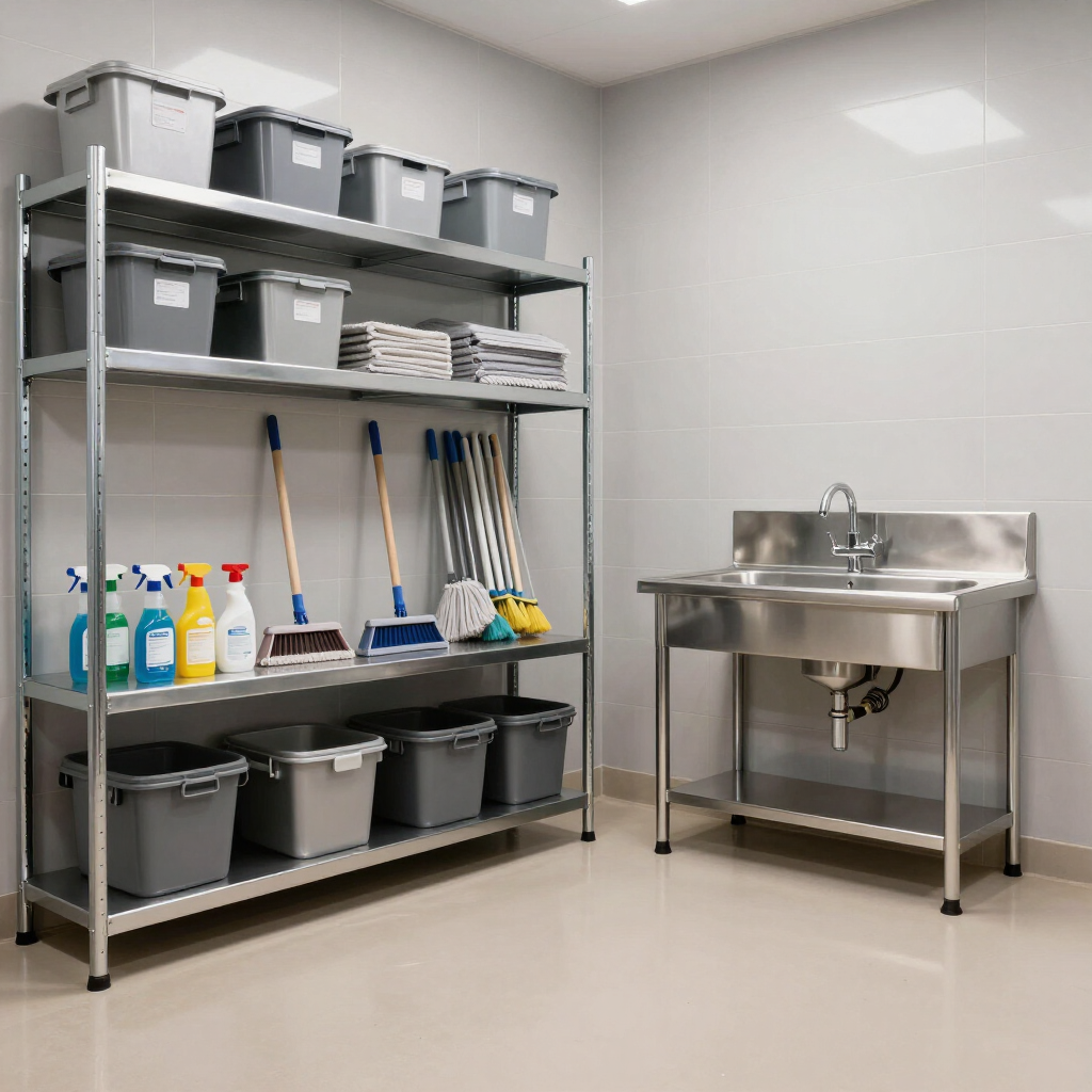 Commercial cleaning supply room with metal shelving, gray bins, and a stainless steel sink Commercial cleaning supply room with metal shelving, gray bins, and a stainless steel sink