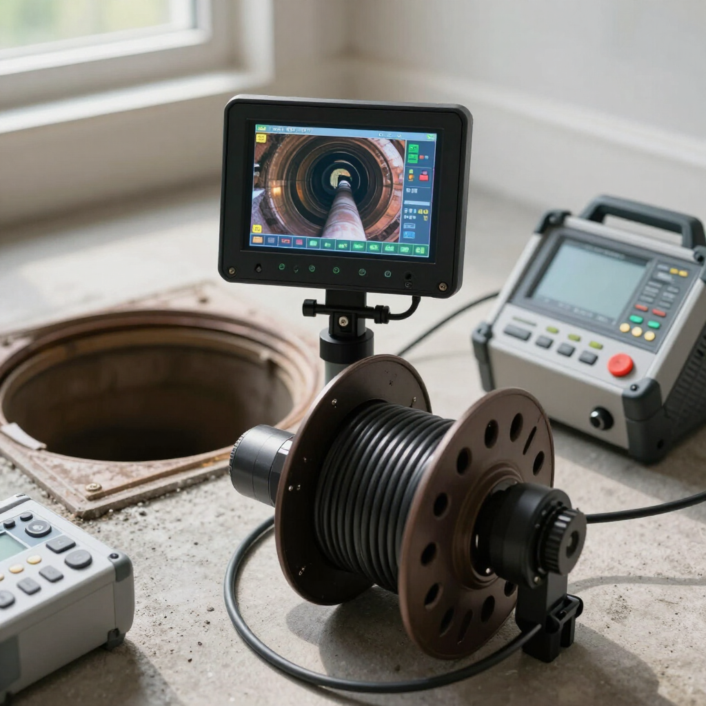 Inspection camera on a cable reel beside an open manhole, with control monitors and equipment in a room Inspection camera on a cable reel beside an open manhole, with control monitors and equipment in a room