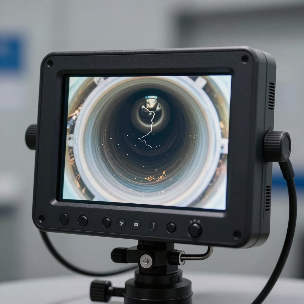 Close-up monitor displaying a view down a cylindrical pipe or tunnel on a camera rig Close-up monitor displaying a view down a cylindrical pipe or tunnel on a camera rig
