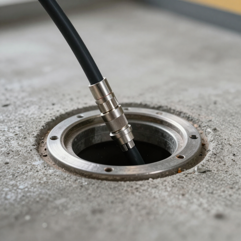 Black cable plugged into a metal floor port on a concrete surface Black cable plugged into a metal floor port on a concrete surface
