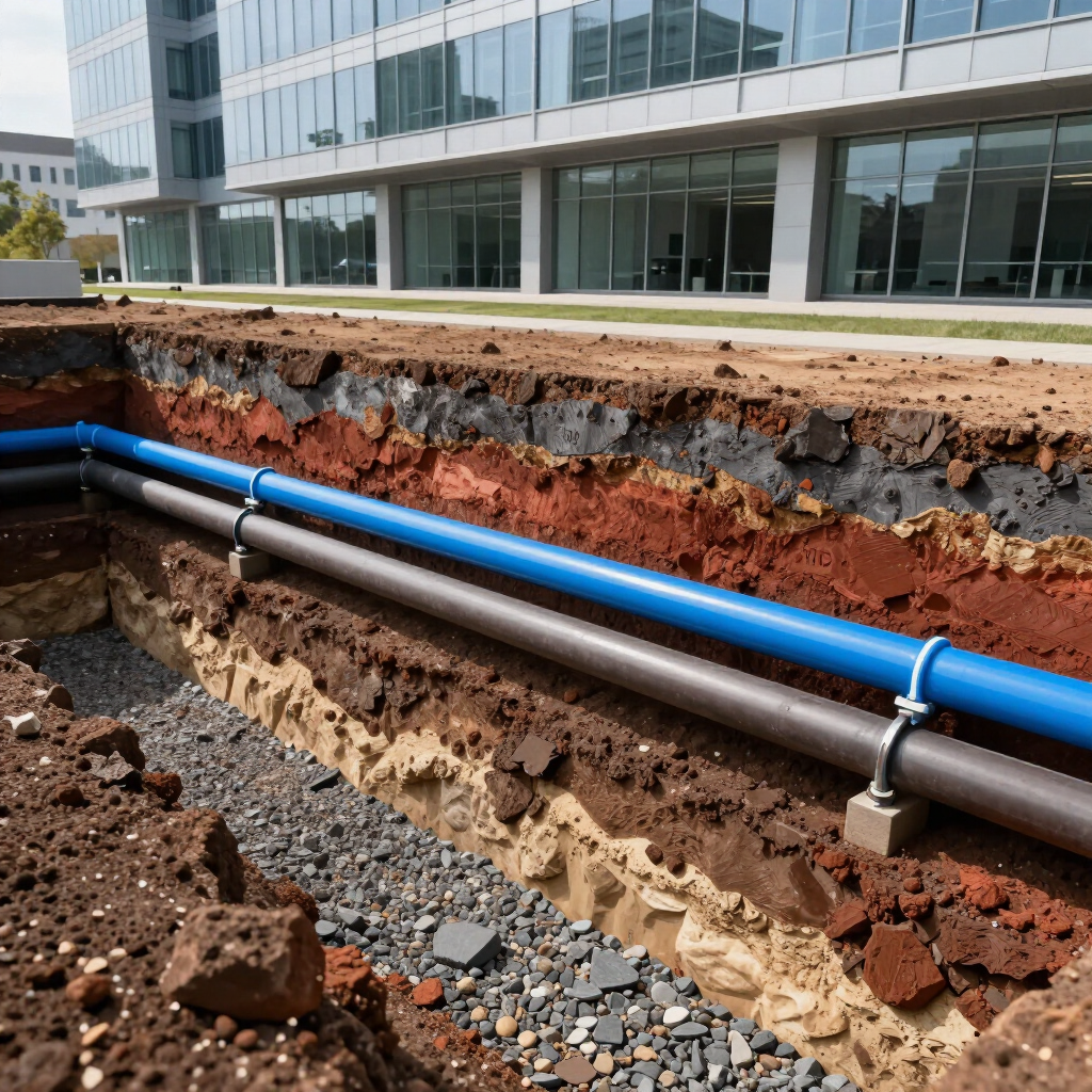 Exposed blue and gray utility pipes in a trench beside a modern glass office building Exposed blue and gray utility pipes in a trench beside a modern glass office building