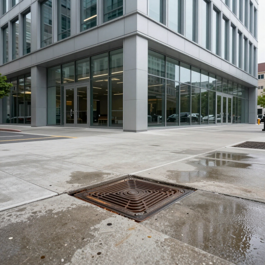 Modern office building corner with glass windows, wet pavement, and a metal drain grate in the foreground Modern office building corner with glass windows, wet pavement, and a metal drain grate in the foreground