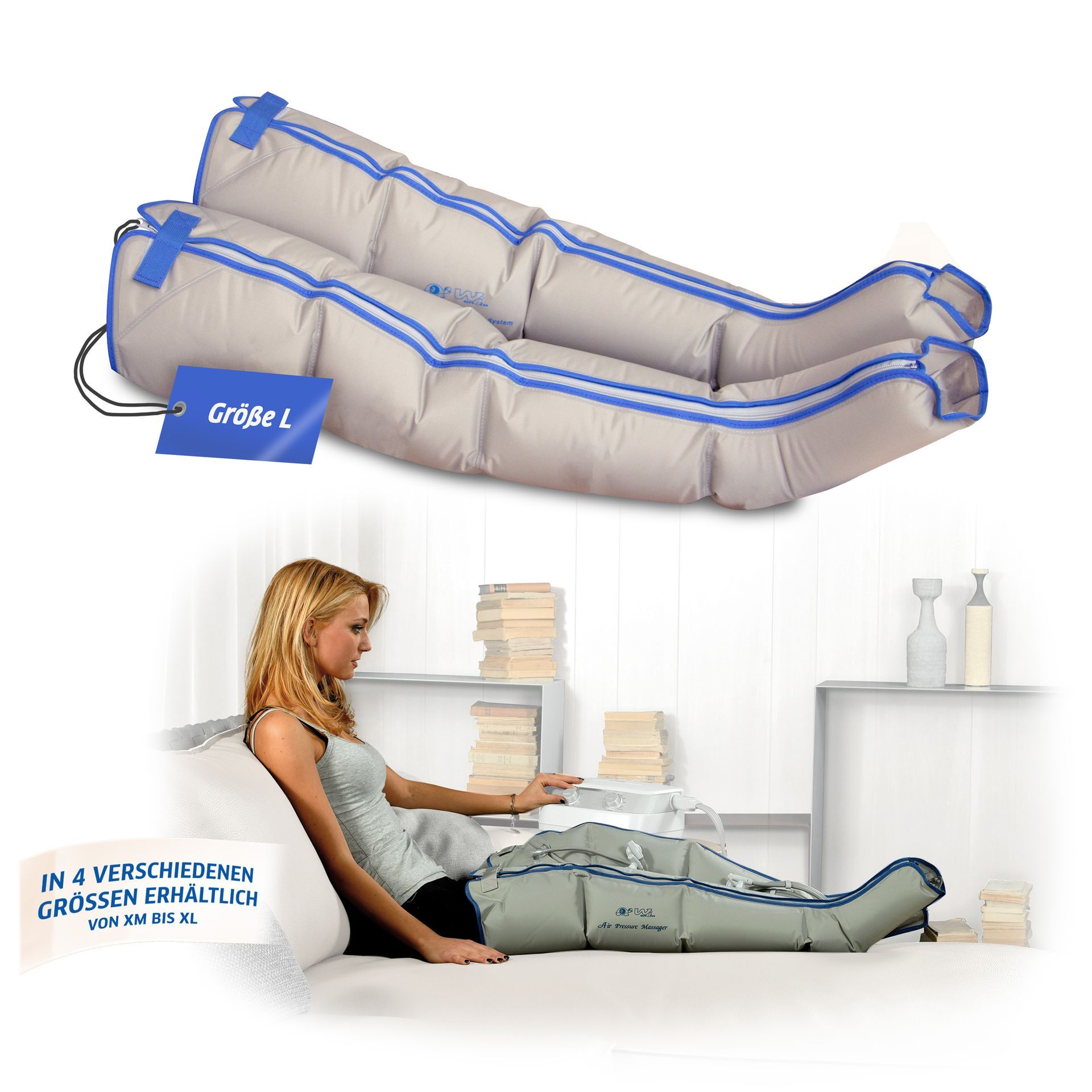 Eine Frau liegt mit einem Kompressionsgerät an den Beinen auf einer Couch