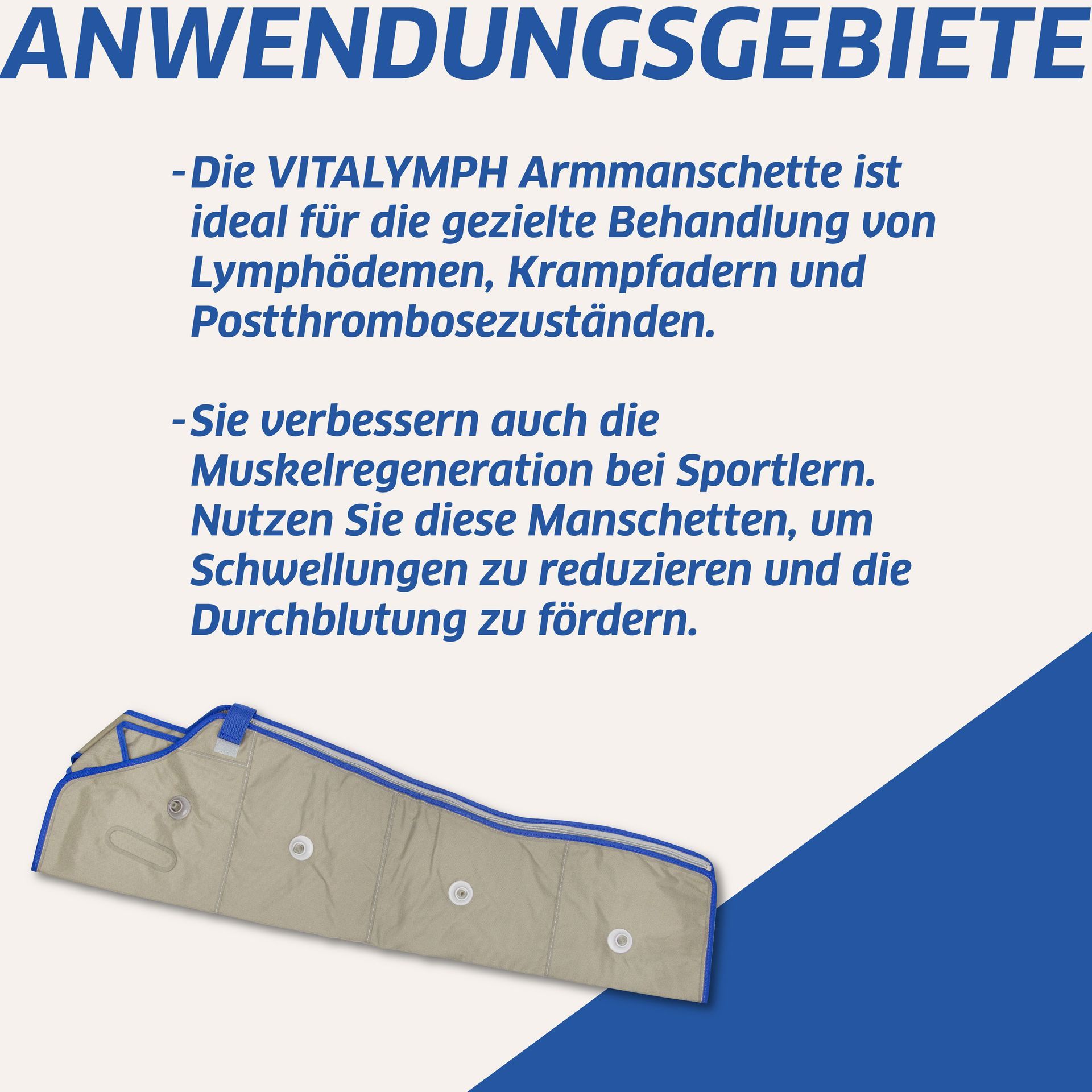 Ein Bild einer vitalen Lympharmmanschette mit deutschem Text darauf.