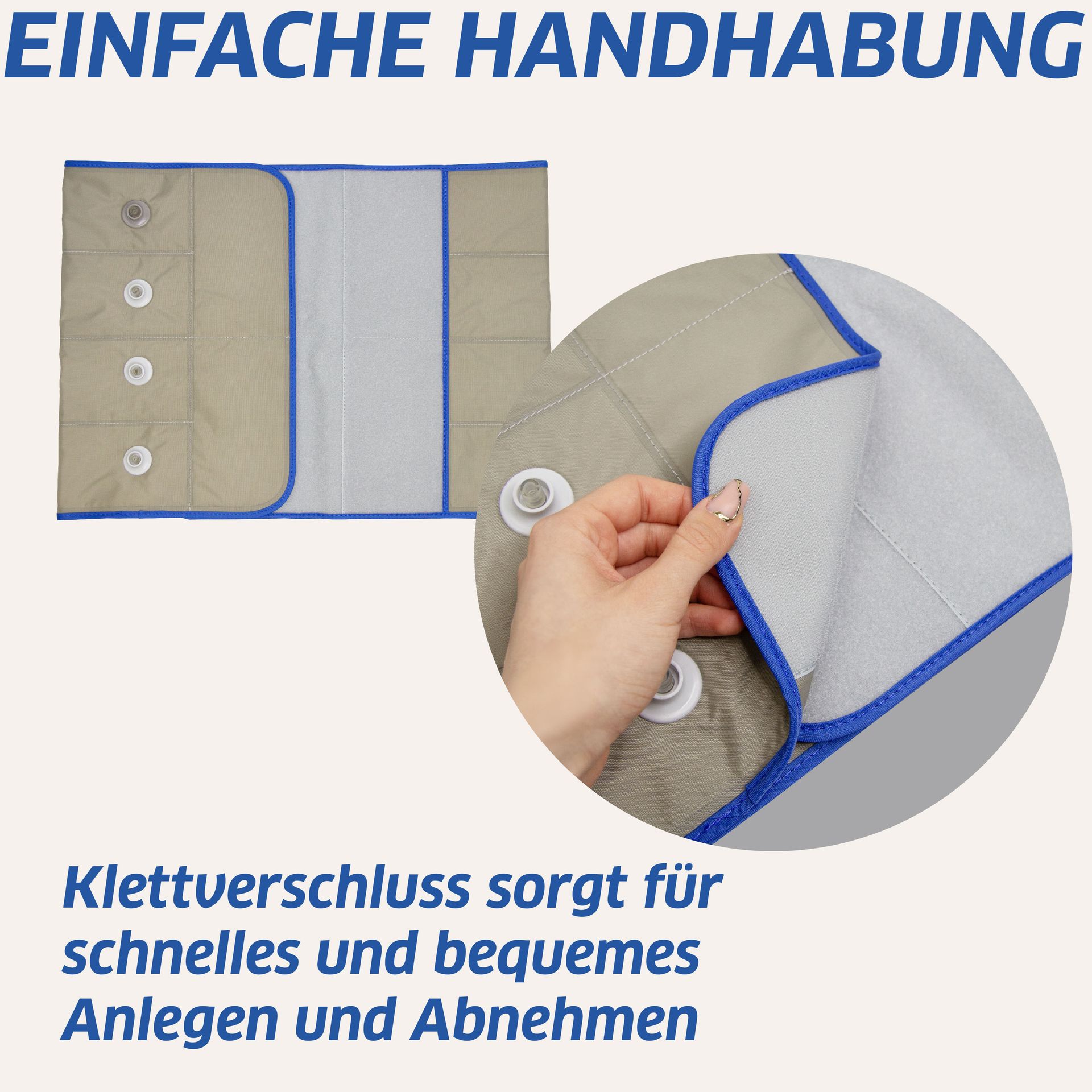 Eine Person hält ein Stück Stoff mit der Aufschrift „einfache Handarbeit“ darauf