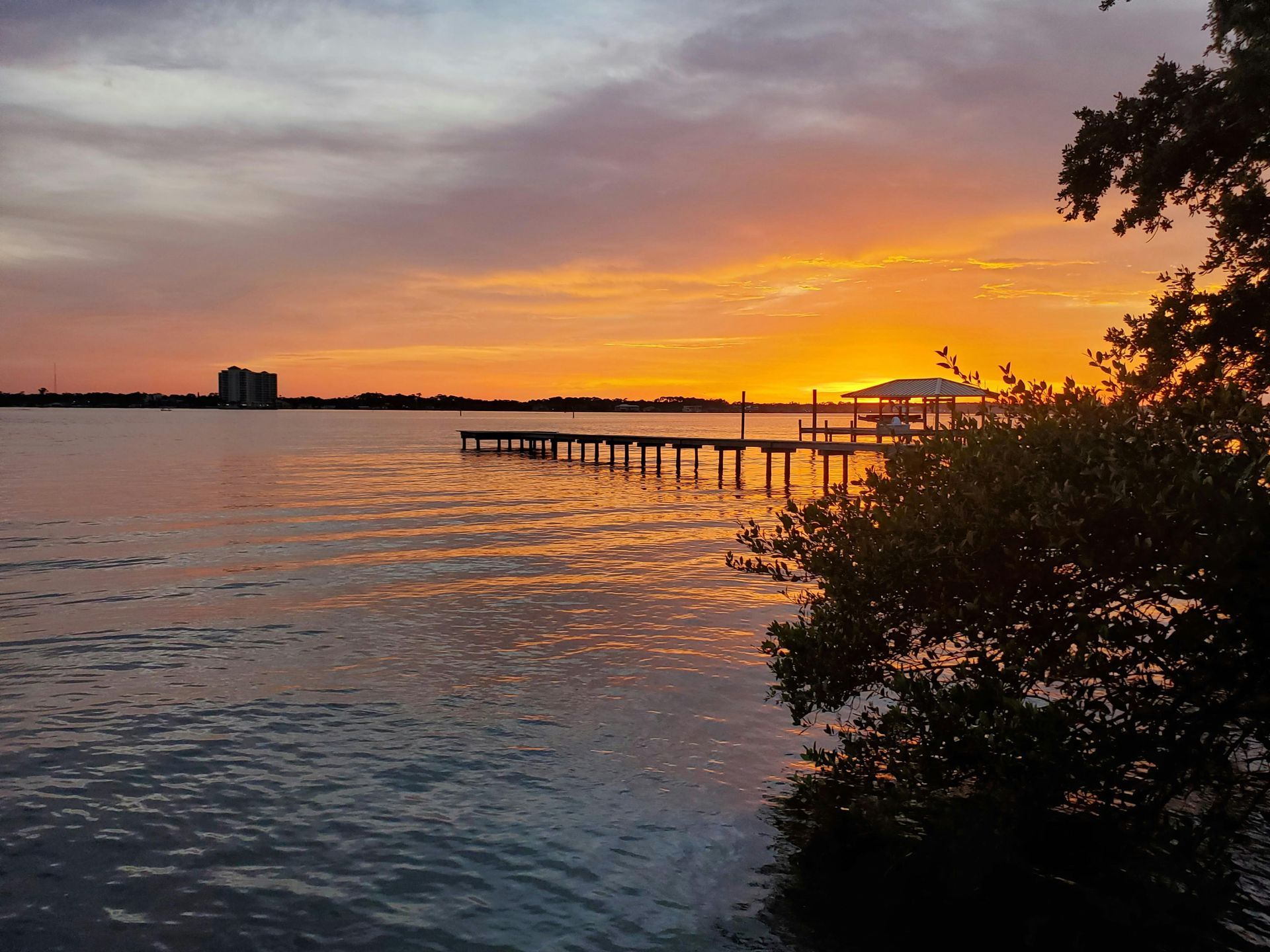 Sunset over calm water with a pier. Orange and purple sky, tree in the foreground.