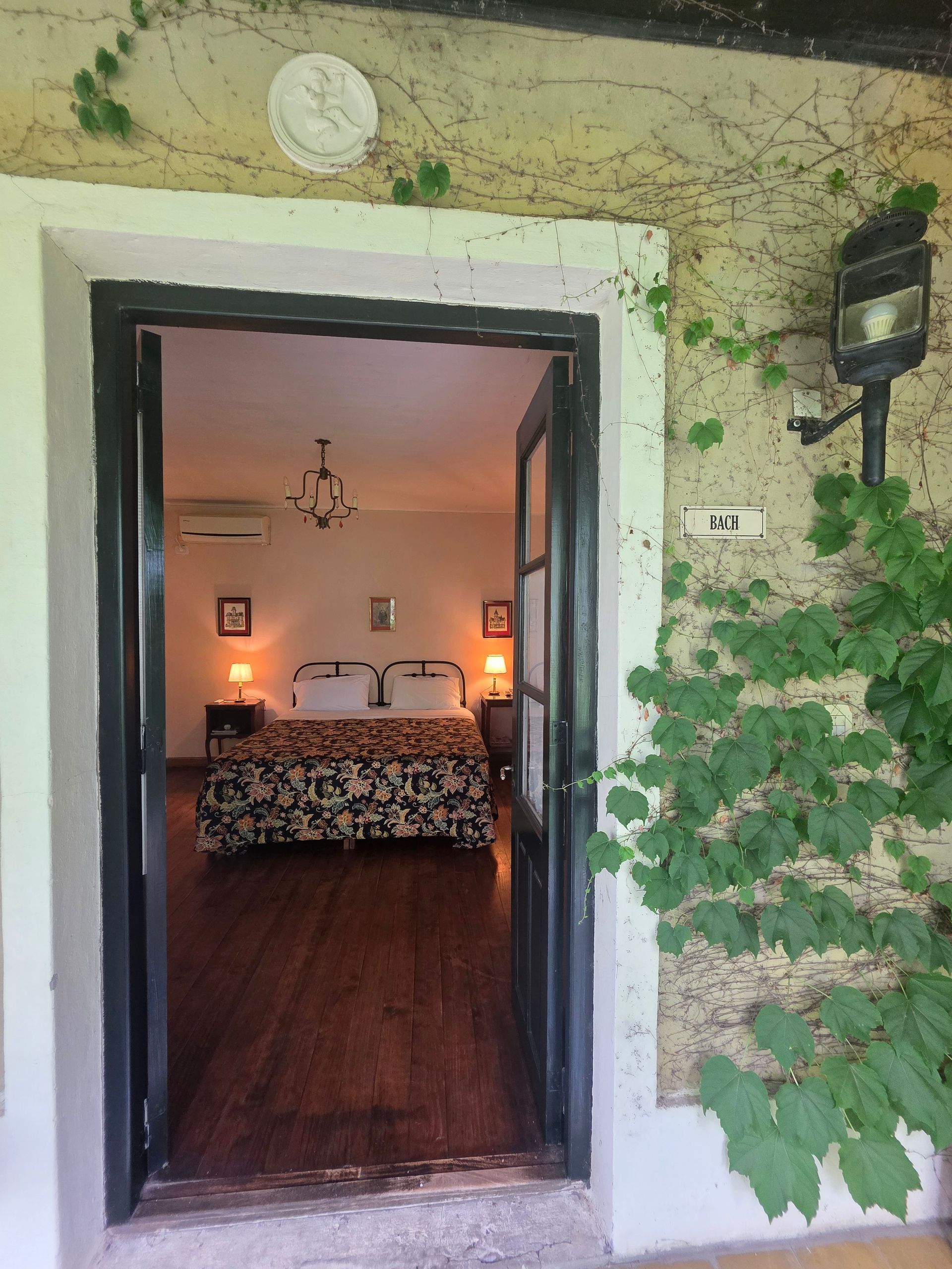 Puerta abierta que enmarca un dormitorio con una cama, lámparas y un candelabro, enmarcado por enredaderas en el exterior de un edificio.