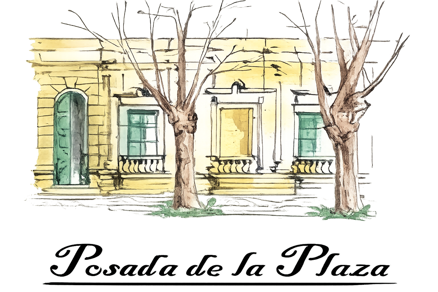 Dibujo en acuarela de la fachada del edificio Posada de la Plaza con árboles. Edificio amarillo, puertas verdes y amarillas, y texto negro.