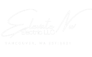 Elevate NW Electric LLC logo, white script and text, "Vancouver, WA Est. 2021" below.