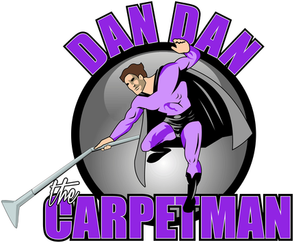Dan Dan The Carpet Man logo in purple and black superhero design.