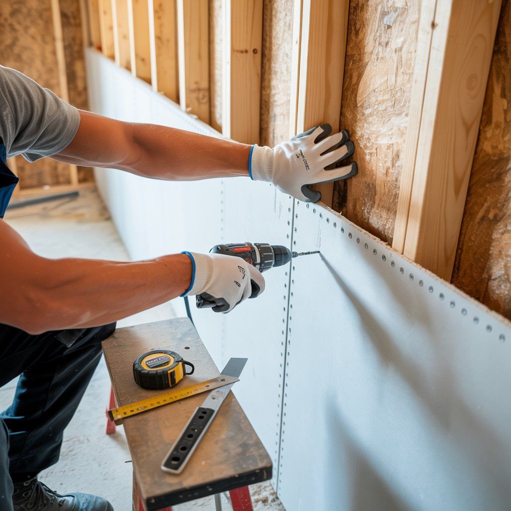 Person in gloves using a drill to install drywall on wood studs. Tape measure and angle on a stool.
