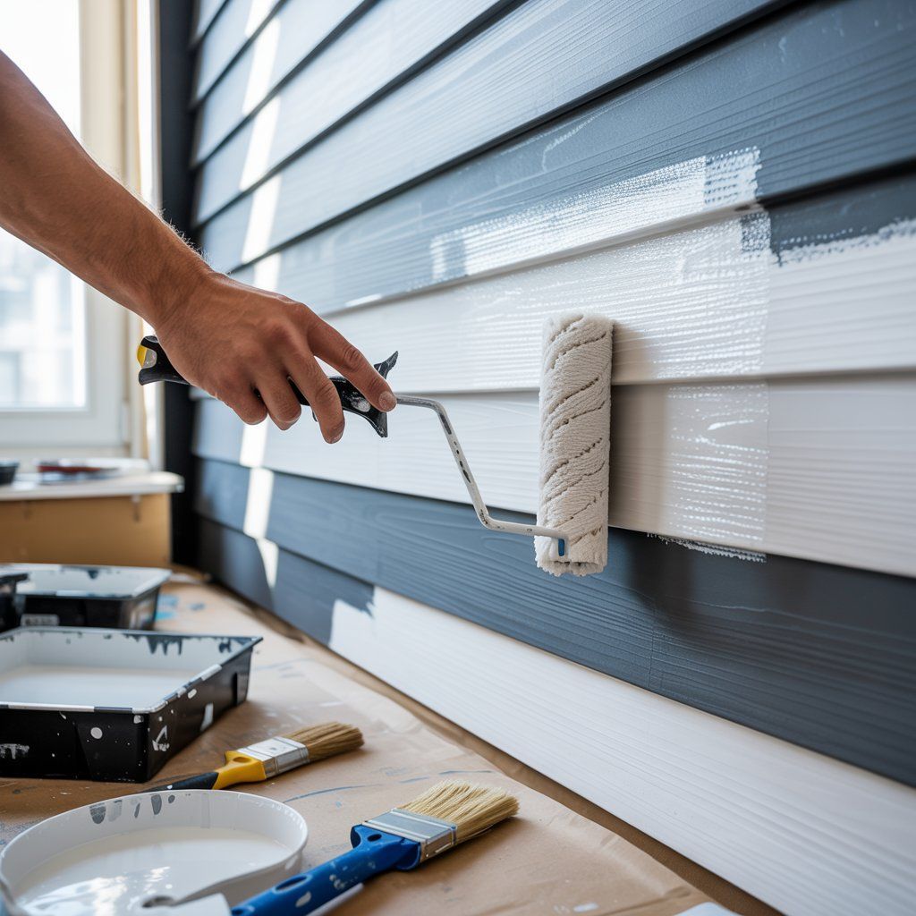 Person painting white paint onto dark blue siding with a roller.