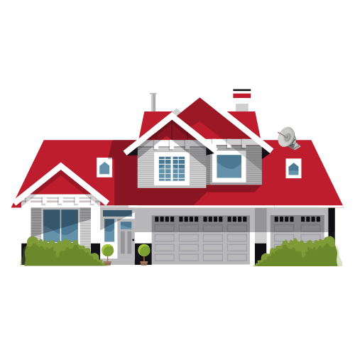 Illustration of a modern transitional house with a red roof, multiple windows, and a garage, symbolizing safe housing and stability provided through donations to My Struggle.