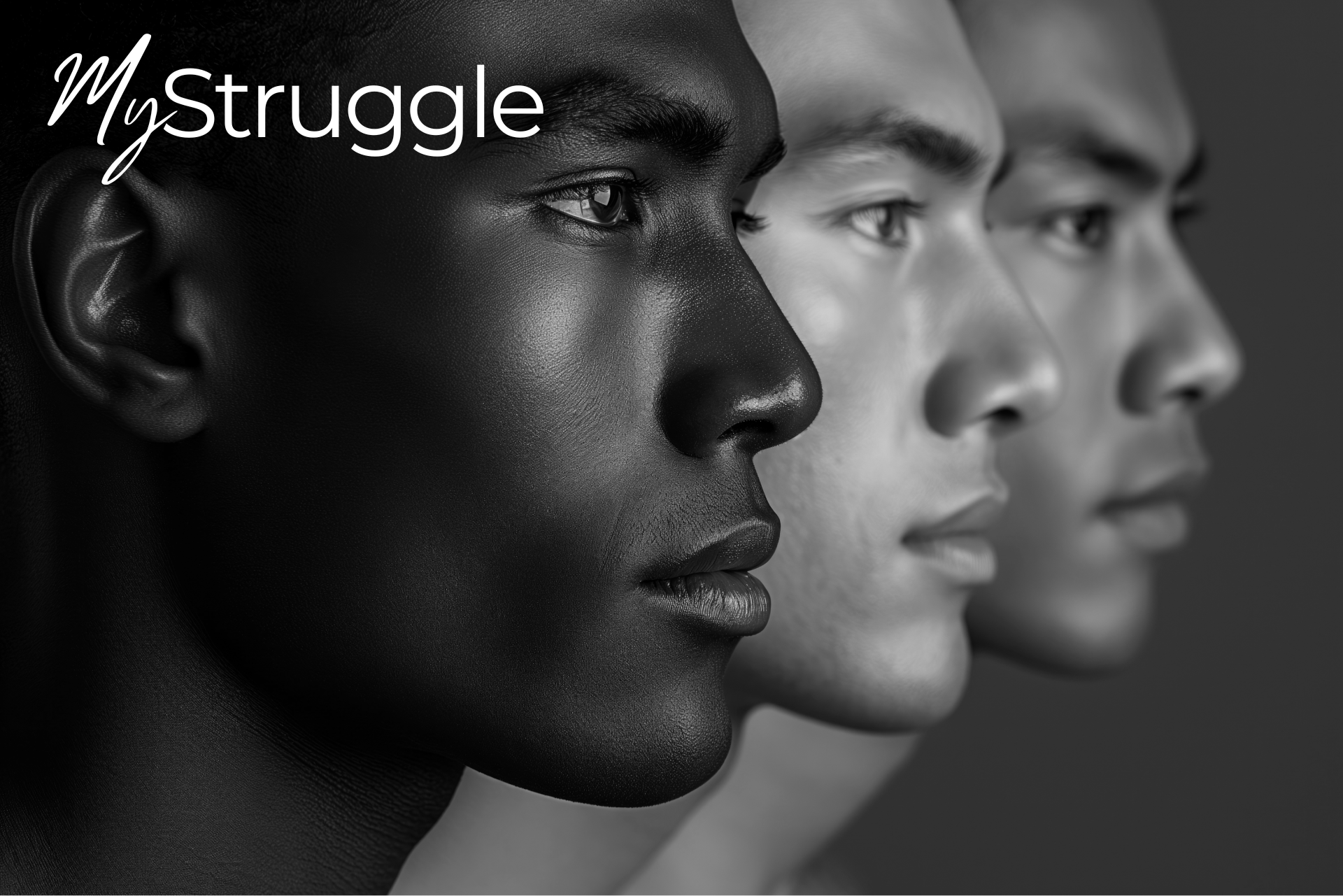 Three individuals of diverse backgrounds, symbolizing unity and resilience through the 'My Struggle' initiative.