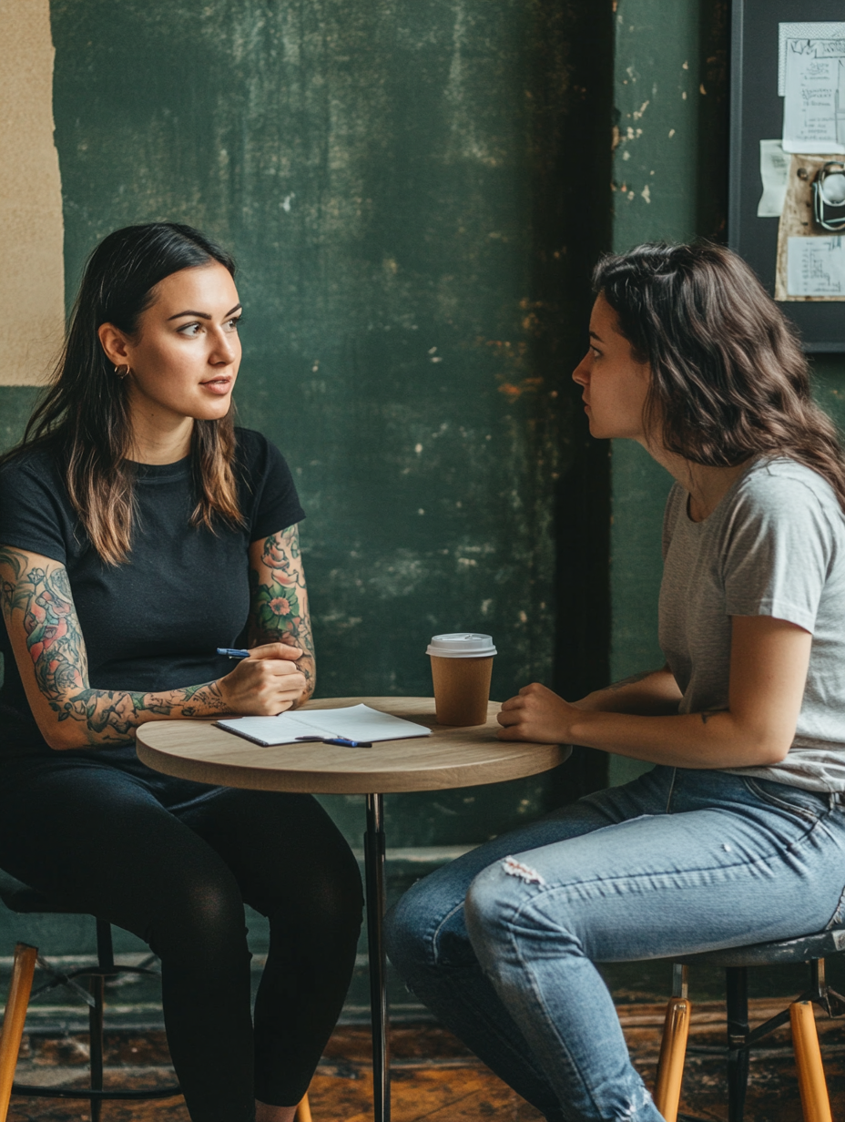 A compassionate mentor with visible tattoos and a professional demeanor speaks with a young woman in casual attire over coffee in a cozy setting. This image represents My Struggle’s hands-on approach to mentoring individuals overcoming addiction, homelessness, and incarceration.