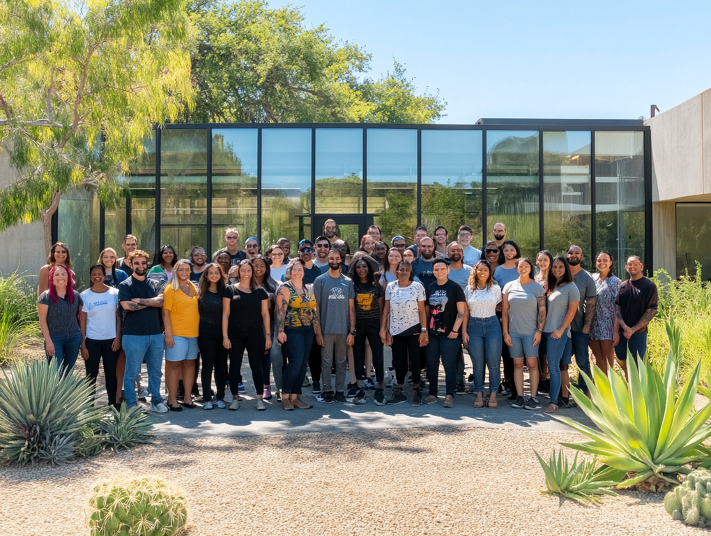 Group of diverse individuals, including men and women, posing in front of a modern community center surrounded by greenery. These individuals are part of a recovery program supported by My Struggle, focusing on homelessness, addiction recovery, and societal reintegration.