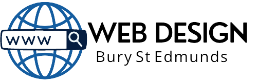 A logo for web design bury st edmunds with a globe and a search bar.