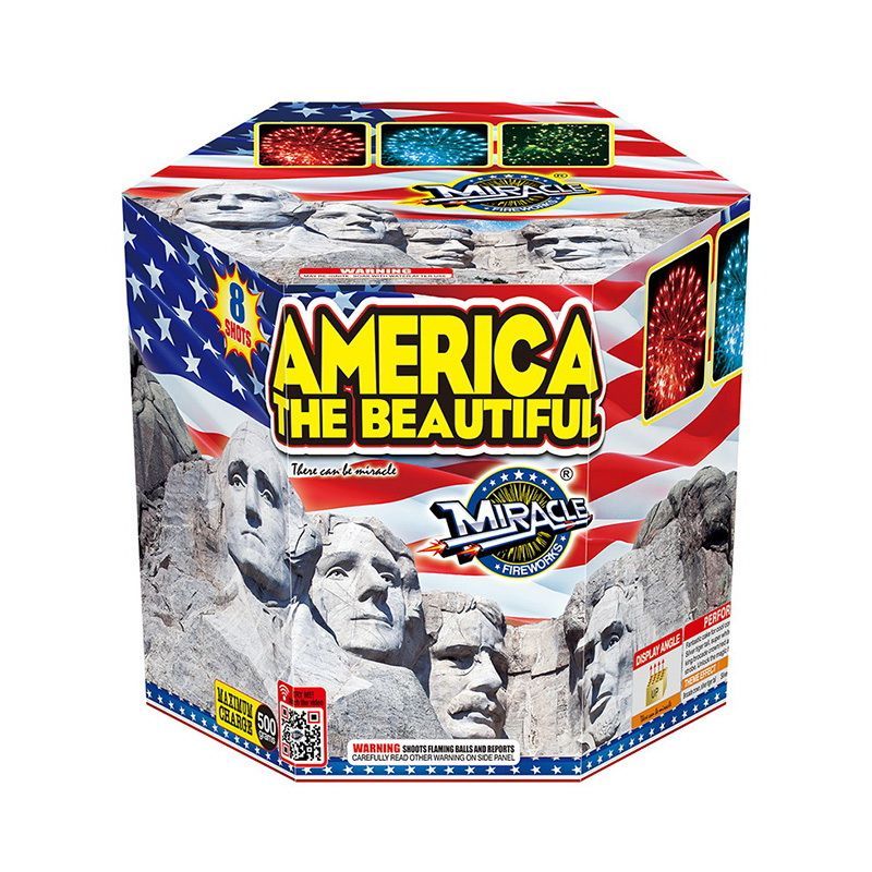 Stunning RWB hexagon cake with powerful 1-1/2'' tube breaks. Peach red dahlia with white strobe; blue dahlia with white strobe. Killer 2 shots finale!