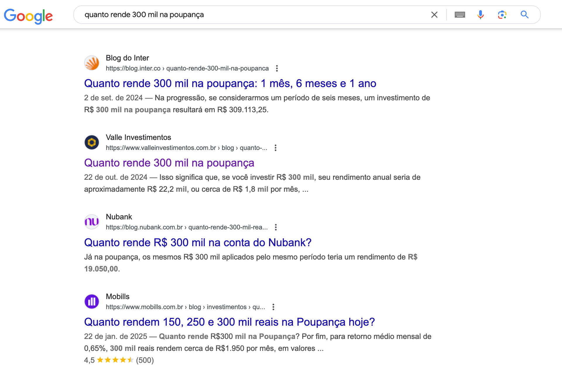 Página de resultados de pesquisa do Google mostrando consultas sobre quanto uma quantia de dinheiro renderia em economias.