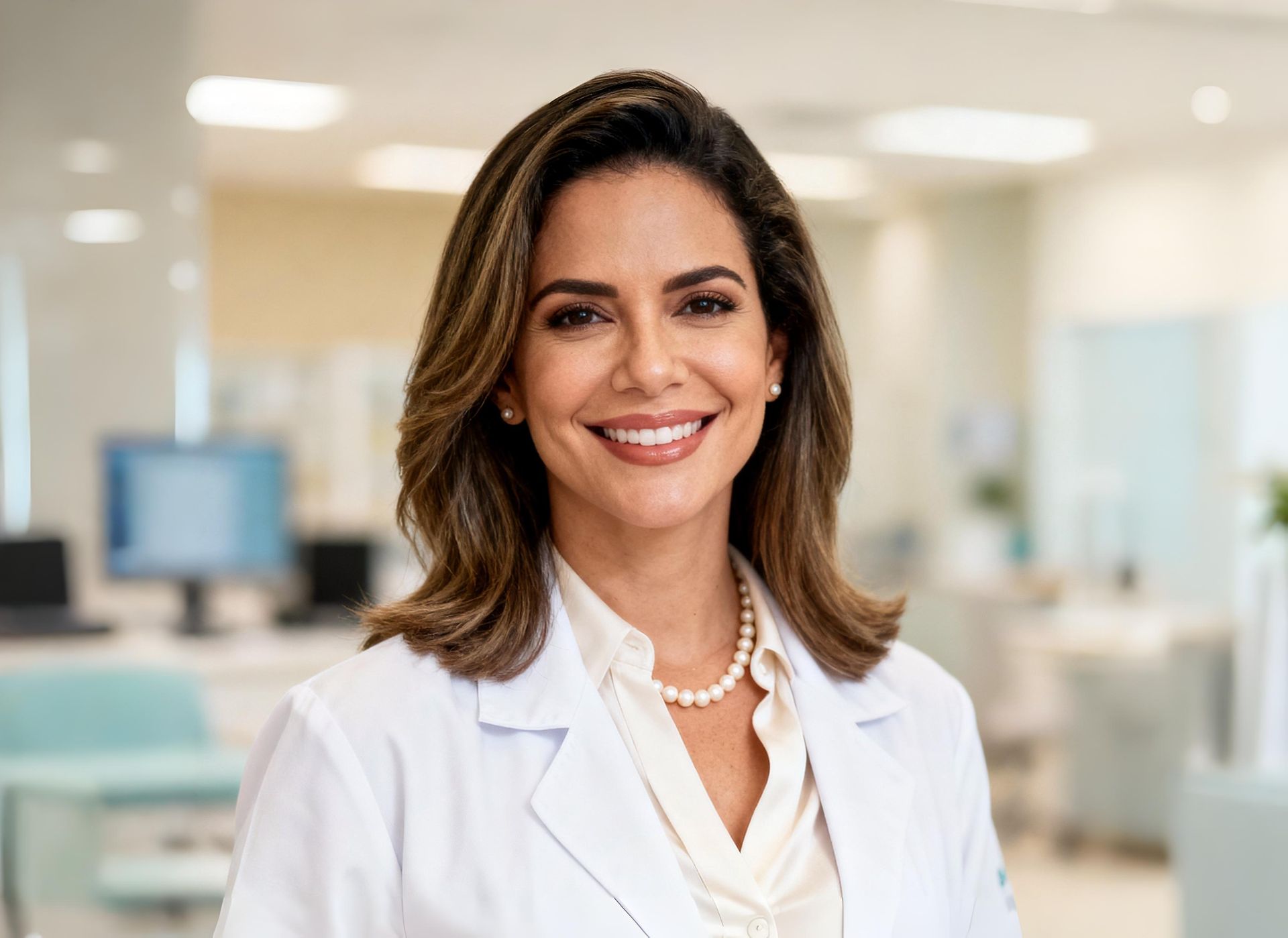 Mulher de jaleco branco sorri em um consultório médico.