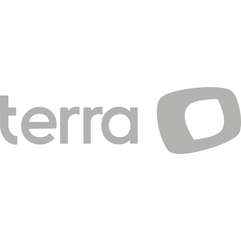 Logotipo com texto "terra" e um símbolo "O" cinza estilizado.