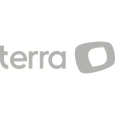 Logotipo com texto "terra" e um símbolo "O" cinza estilizado.
