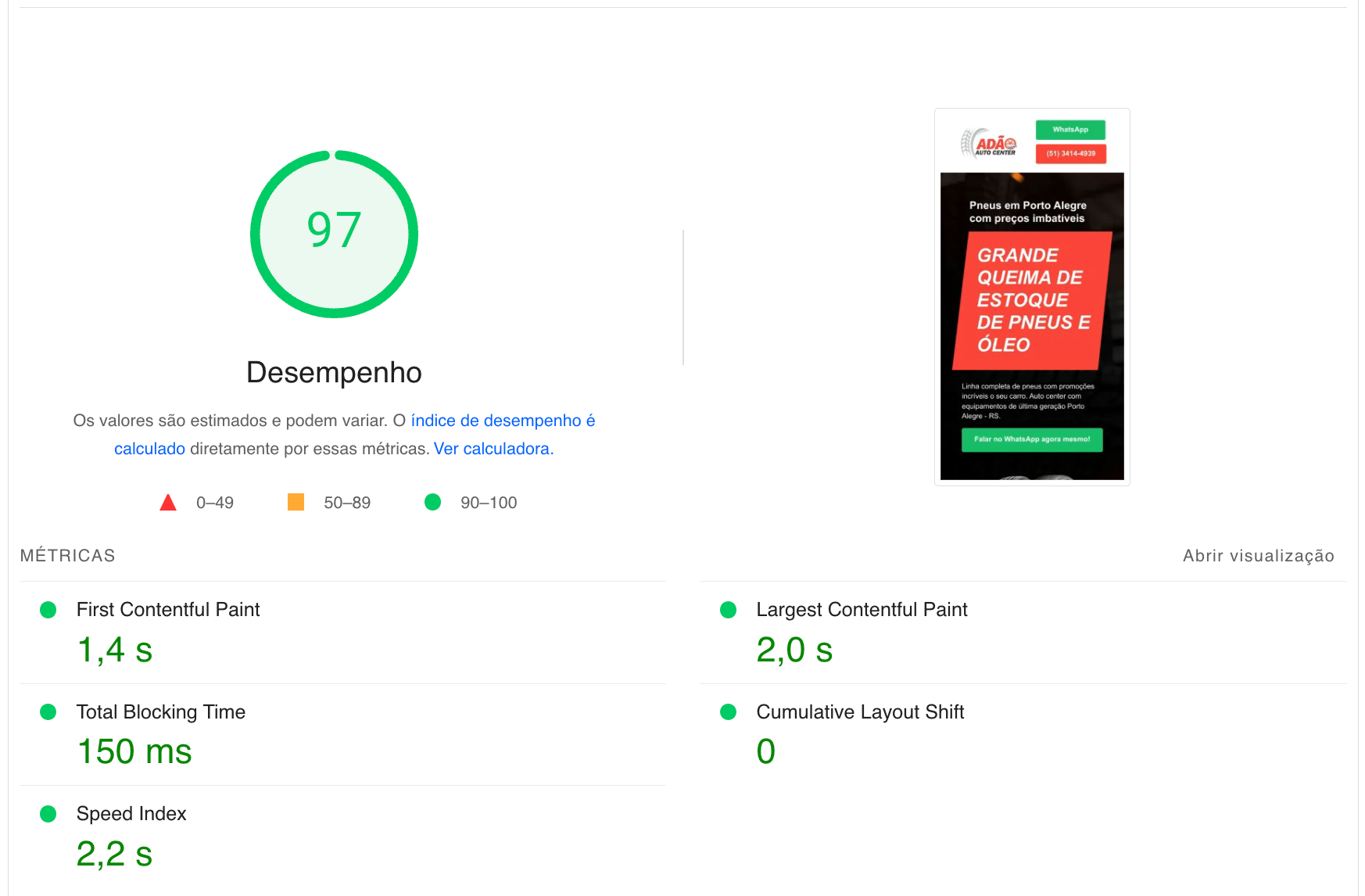 Análise de desempenho de um site com pontuação 97, mostrando tempos de carregamento e visualização em dispositivos móveis.