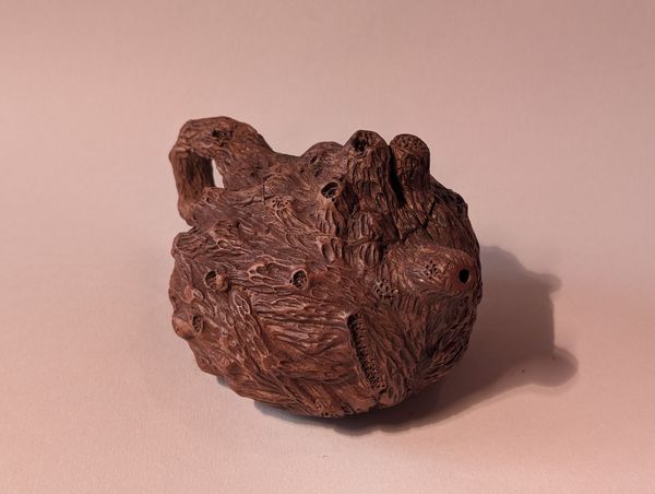Brown, wrinkled cat-shaped object on a plain light background