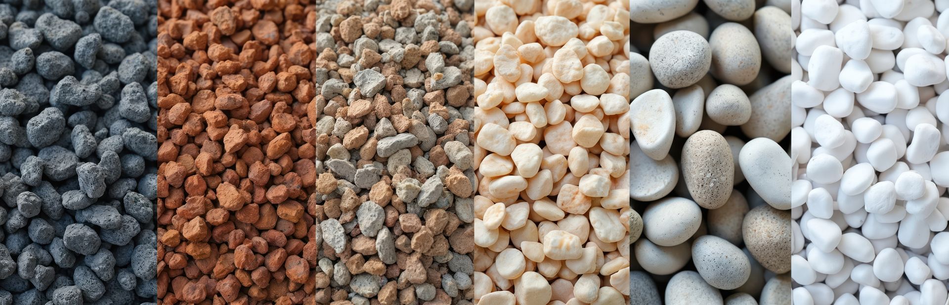 Mixed gravel samples: gray, red, beige, light gray, and white