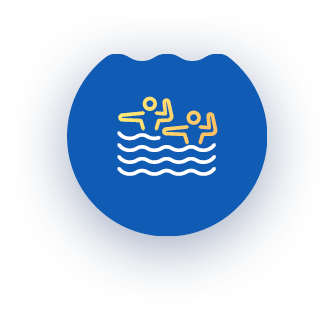 Two swimmers in water, gold line art, on a blue circular background.