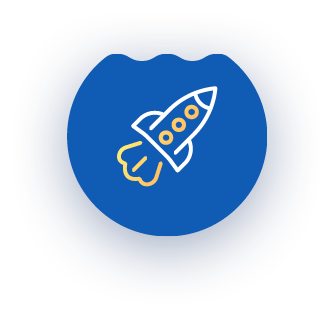 Blue circle with a rocket ship launching, gold and white details.