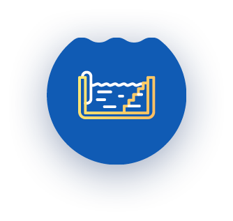 Gold outline of a pool within a blue circle. Waves depicted across top.
