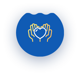 Blue circle with hands cupping a white heart, yellow outline.
