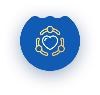 Blue circle with three figures around a heart, symbolizing support and care.