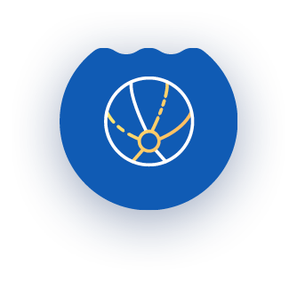 Blue icon with a world map outline in gold and white.