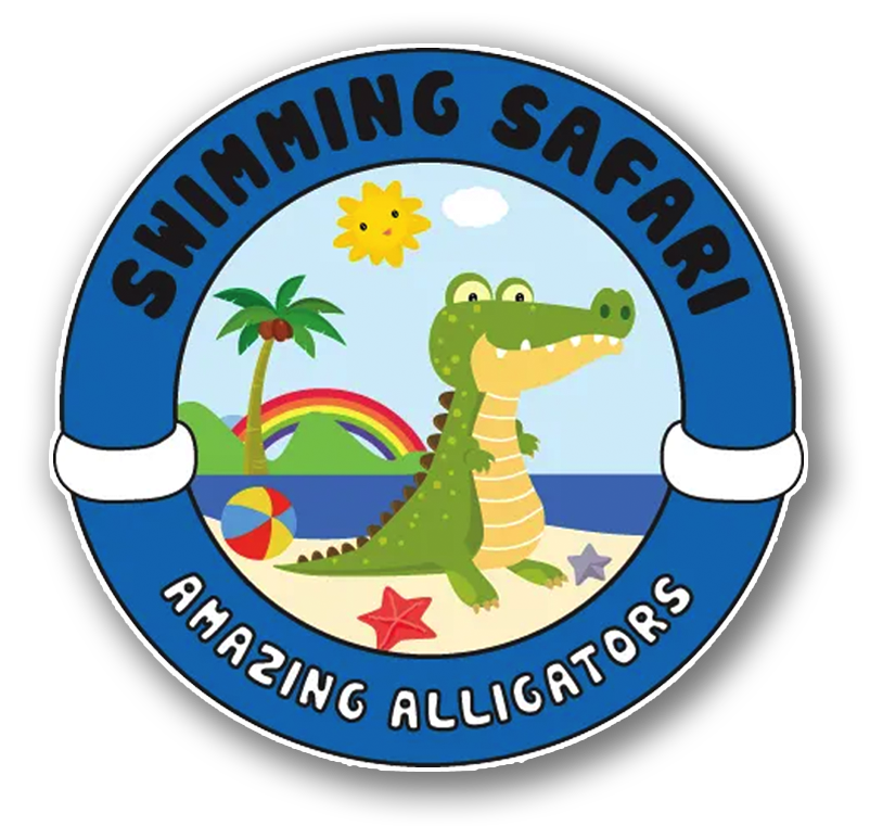 Swimming Safari logo with a cartoon alligator on a beach; blue circle frame, rainbow, sun, palm tree.