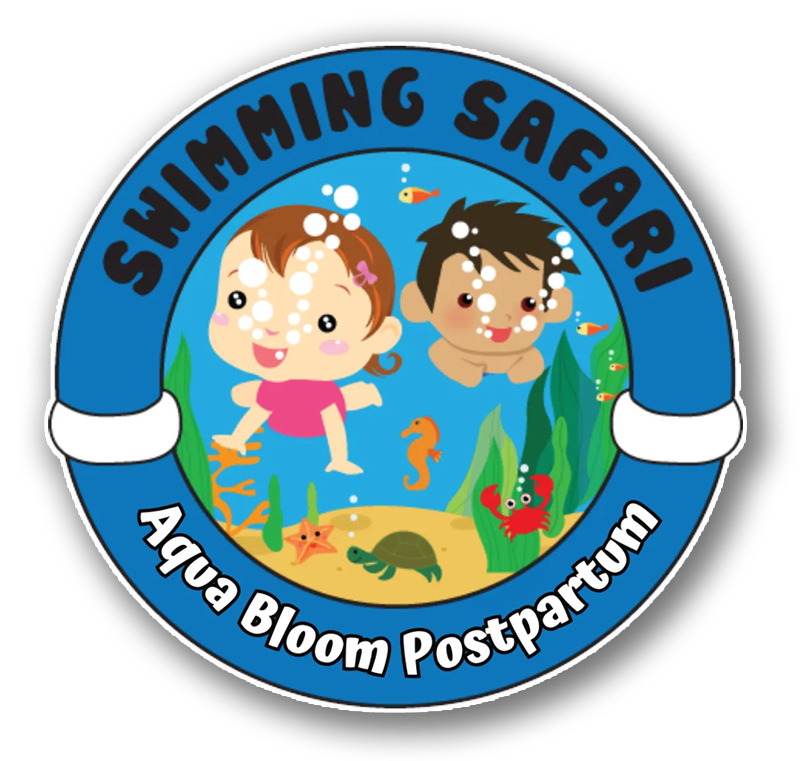 Swimming Safari logo with cartoon kids swimming underwater, surrounded by sea creatures and plants.