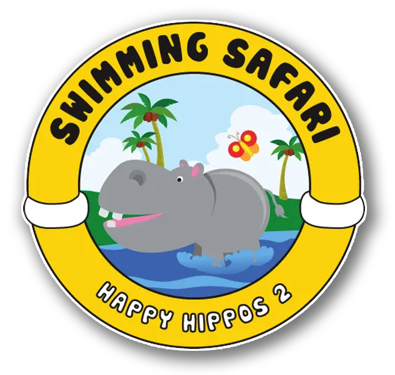 Smiling cartoon hippo in water,